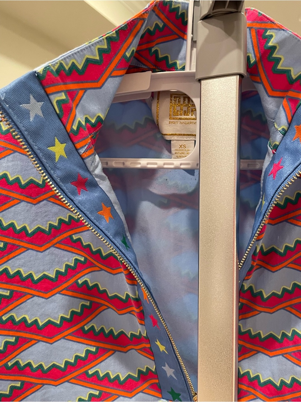 Light Blue Kids Hooded Raincoat with Multicolor Star & Zigzag Print